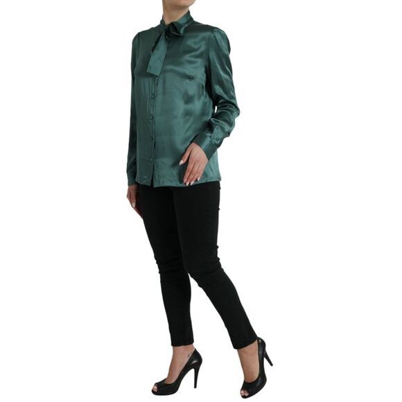 Dolce & Gabbana Dark Green Silk Ascot Collar Blouse Women's Top Tees - Short Sleeve